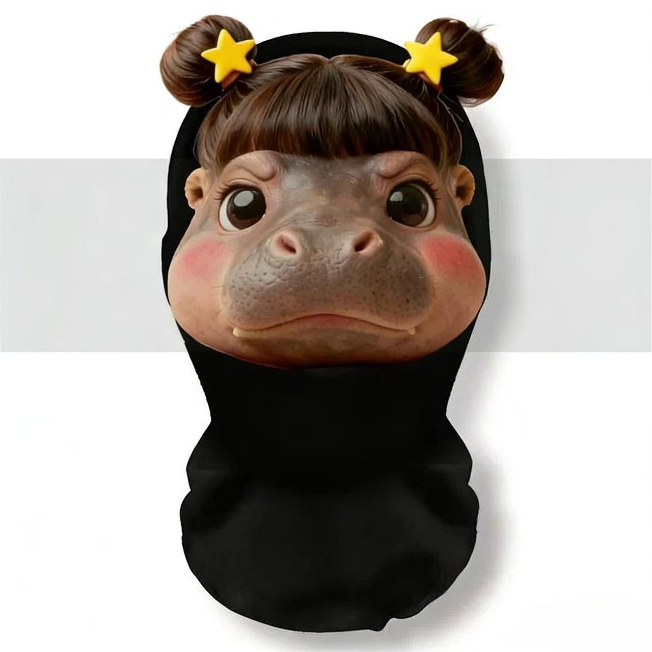 A realistic mesh headwear with hippopotamus emojis, a breathable party mask, and essential equipment for cycling out