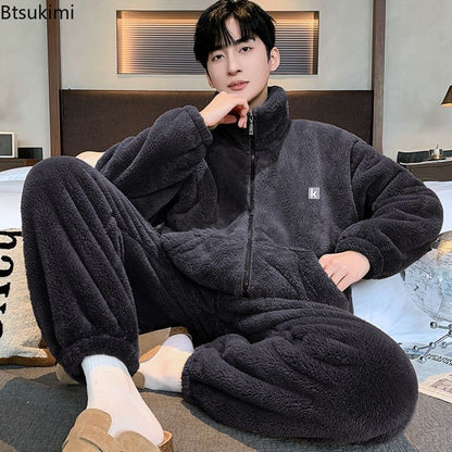 New Men's High Neck Large Size Loose Plush Loungewear Autumn and Winter Thick Warm Flannel Pajamas Can Worn Outside Coral Fleece