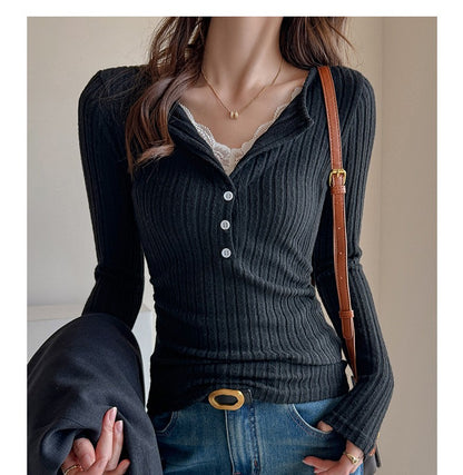 Lace Slim-fitting Bottoming Shirt Fake Two Piece Long Sleeve T-Shirt Women Chic Button Pit Striped Tops Autumn Winter Base Tees