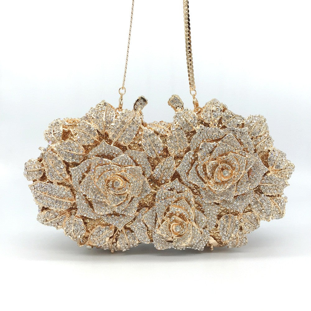 Golden Silver Luxury Crystals Evening Bags Fashion Rose Flower Diamonds Clutch Bags Soiree Purse Women Wedding Bride Handbags