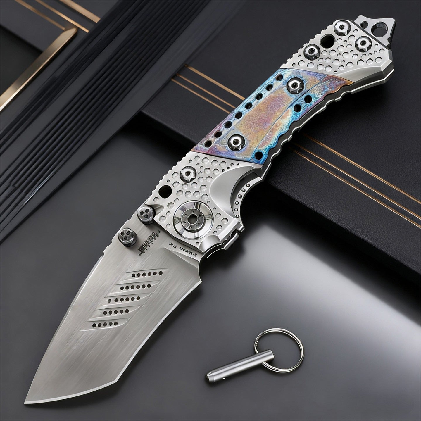 High-end handcrafted heavy-duty folding knife, titanium alloy handle and titanium-baked blue surface, collectible knife, men's g