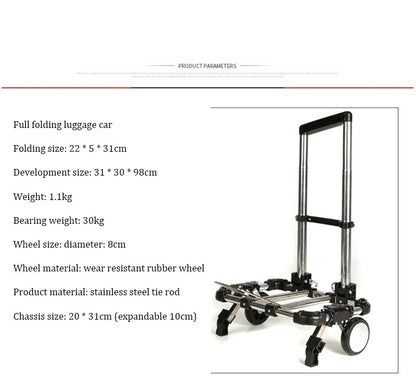 Carrinho de bagagem dobrável completo em aço inoxidável Capacidade de carga de 30kg Fácil de transportar Malas de rodinhas Carrinhos de compras para mochilas escolares