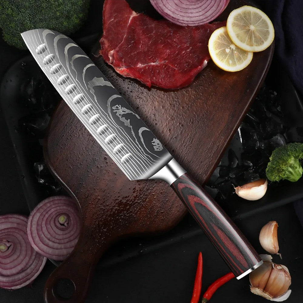 Conjunto de Facas Japonesas com Bloco e Amolador de 8 polegadas, Facas de Cozinha de Aço Damasco a Laser com Tesoura de Cozinha e Cabo de Madeira