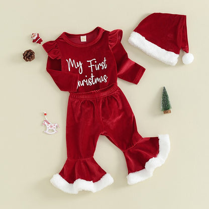Infant Baby Girl Christmas Jumpsuit Outfits Letter Print Long Sleeve Romper Flare Pants Hat Toddler Clothes 0-18M