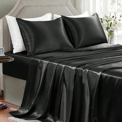 Conjunto de Lençóis Sedosos e Luxuosos de 3/4 Peças, Lençóis Macios de Bolso Profundo, Conjunto de Cama Refrescante, 1 Lençol de Elástico, 1 Lençol de Cima, 1/2 Fronhas