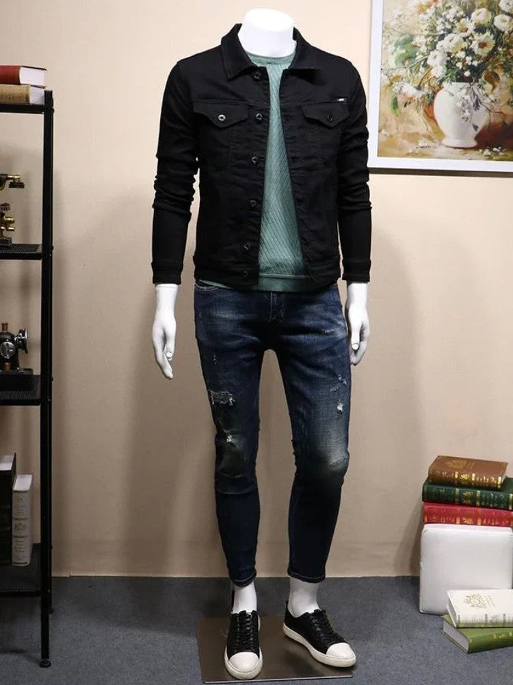 Male Jean Coats Button Autumn Men's Denim Jacket Slim Fit Black Cheap Price Stylish Winter 2024 High Quality Original Outerwear