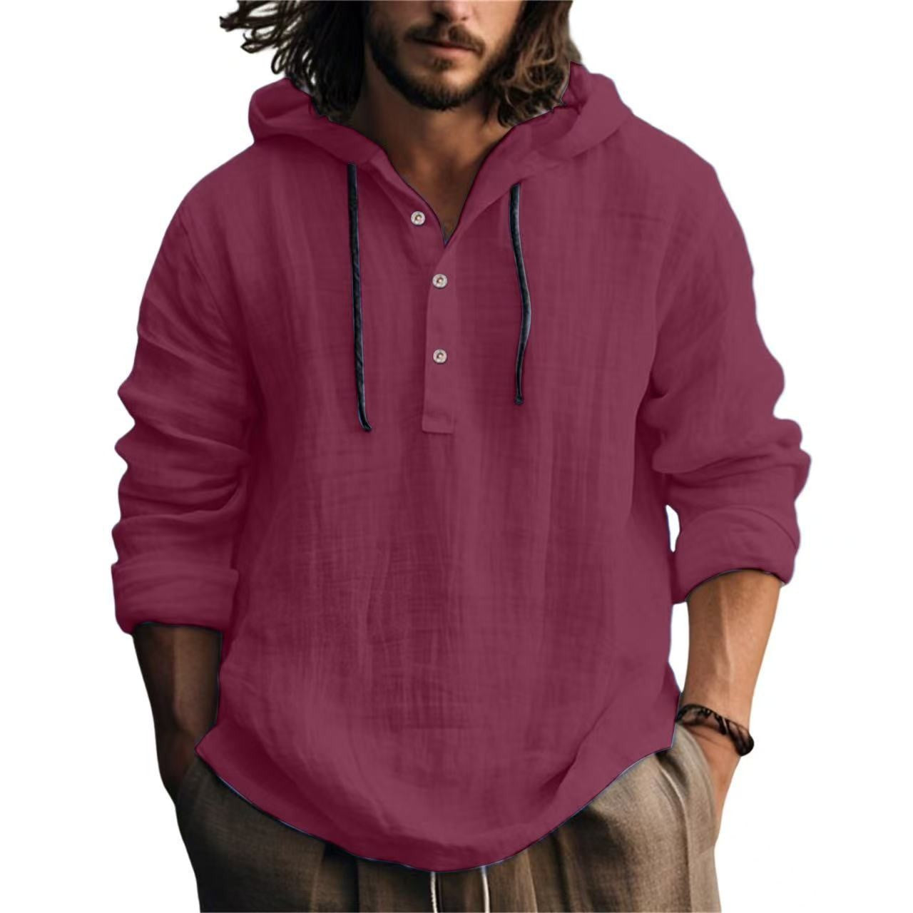 Casual Hood T Shirt Cotton Linen Flax Blouse Tee Tops Long Sleeves Men Holiday Beach Spring Solid Plain Tunic Loose Hoodie Shirt