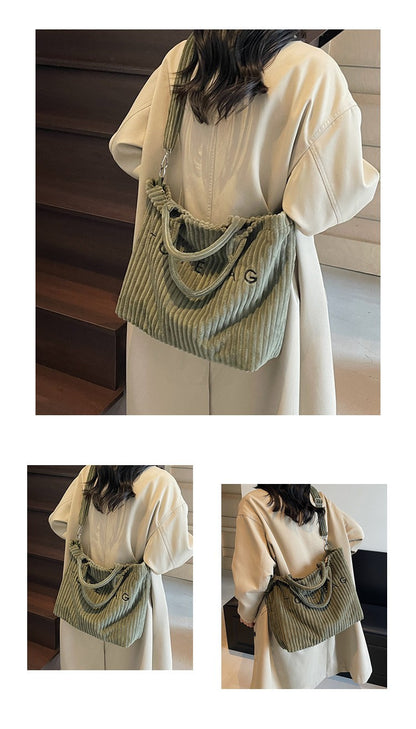 Large Capacity Striped Velvet Handbag Shoulder Bag for Woman Handbags Crossbody Bags, Versatile Letter Corduroy Women's Tote Bag