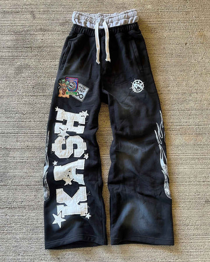 Calça de Moletom Y2K Masculina Feminina Gótica Hip Hop Americana com Patch de Letras Y2K Dupla Camada Larga Elástica na Cintura Calça Jogger Casual
