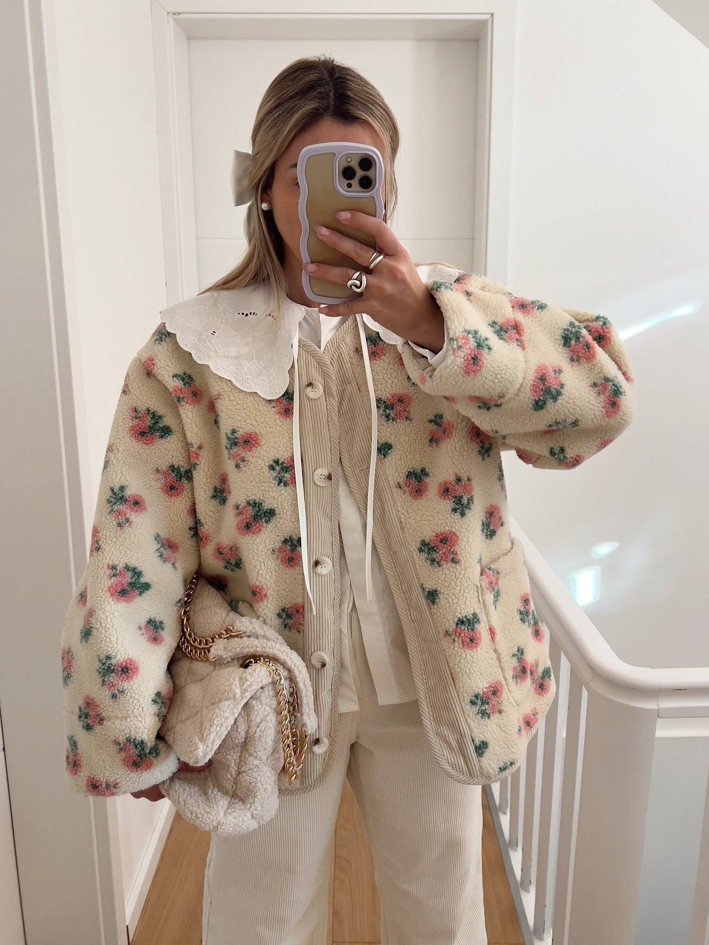 Women Printed Short Fleece Jacket Fashion Casual Round Neck Single Breasted Pocket Loose Jackets Lady Daily Commute Office Coat