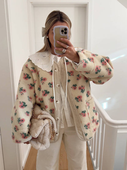 Women Printed Short Fleece Jacket Fashion Casual Round Neck Single Breasted Pocket Loose Jackets Lady Daily Commute Office Coat