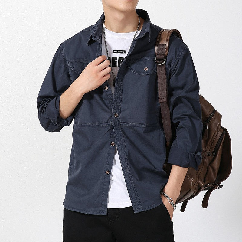 Men Slim Fit Turn-Down Collar Loose Cargo Shrit Spring Autumn Casual Wash Cotton Safari Style Jacket with Multiple Pockets Coat