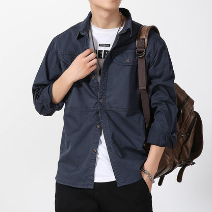 Men Slim Fit Turn-Down Collar Loose Cargo Shrit Spring Autumn Casual Wash Cotton Safari Style Jacket with Multiple Pockets Coat