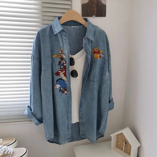 Plus Size 300 Pounds Fat MM Cartoon Embroidery Washed Denim Polo Collar Loose Meat Covering Women's Shirt Autumn Outerwear