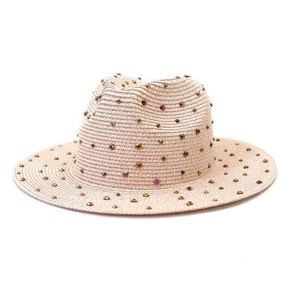Hand made Diamond Straw Hat For Women's Summer Wide side Jazz Dress Cap Holiday Sun Protection Beach Hats