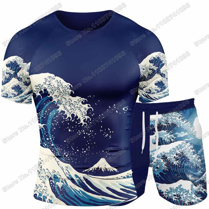2025 The Great Wave Rash Guard Jiu Jitsu BJJ MMA T-shirt Compression Shirt Short Sleeve Surfing Jersey GYM Fitness Jersey Beach