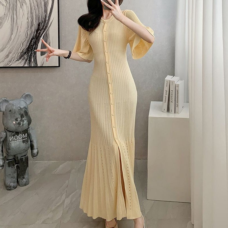 Summer-style fashionable openwork French slimming A-line short-sleeved knitted d