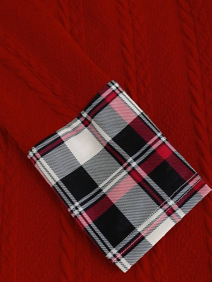 Knitted hooded dress plaid print stitching fake buckle high waist long sleeve A-line dress female