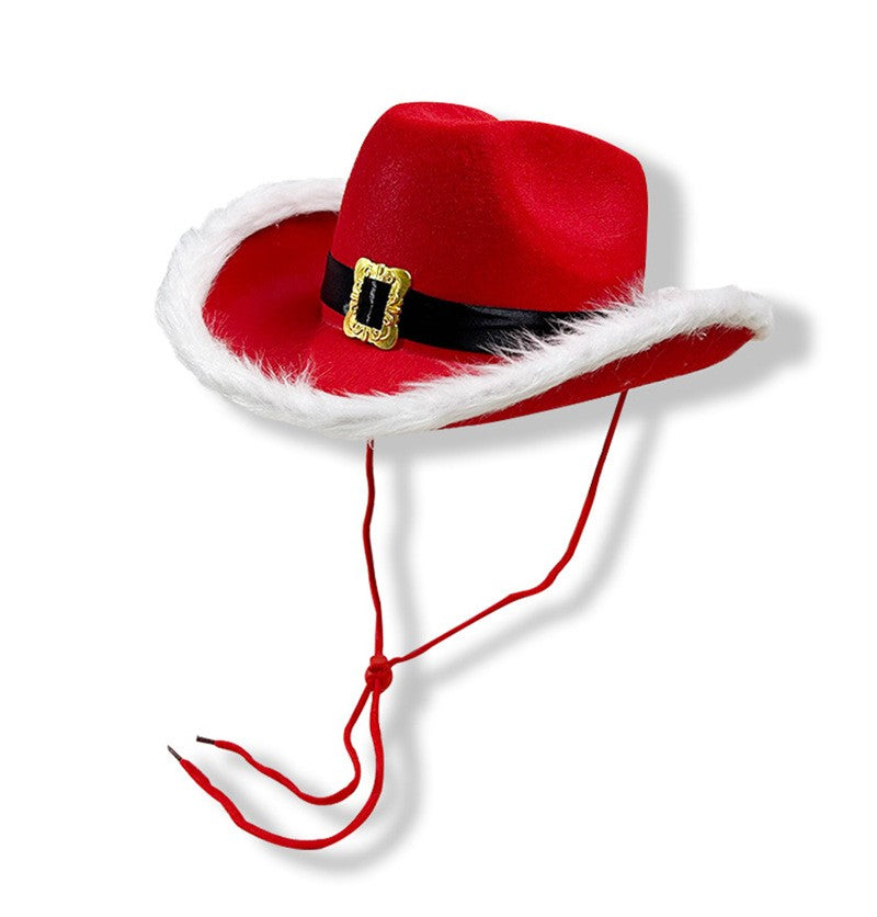 Red Christmas Cowboy Hat with Feather & Gold Buckle, Western Party Hat for Women Men, Floppy French Jazz Cap for Xmas
