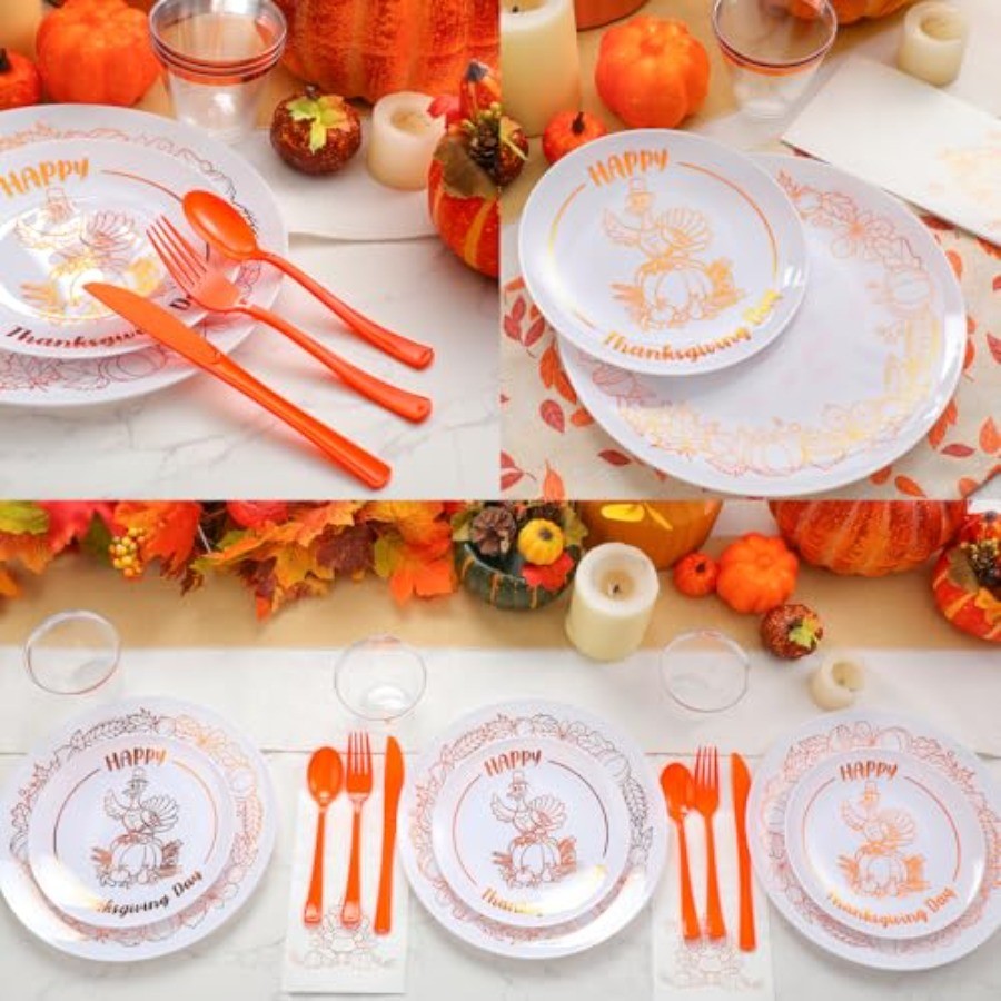 280 Pcs Thanksgiving Plastic Dinnerware Set, Thanksgiving Plates Sets, Includes Dinner Plates Dessert Plates Cups Fall Paper Nap