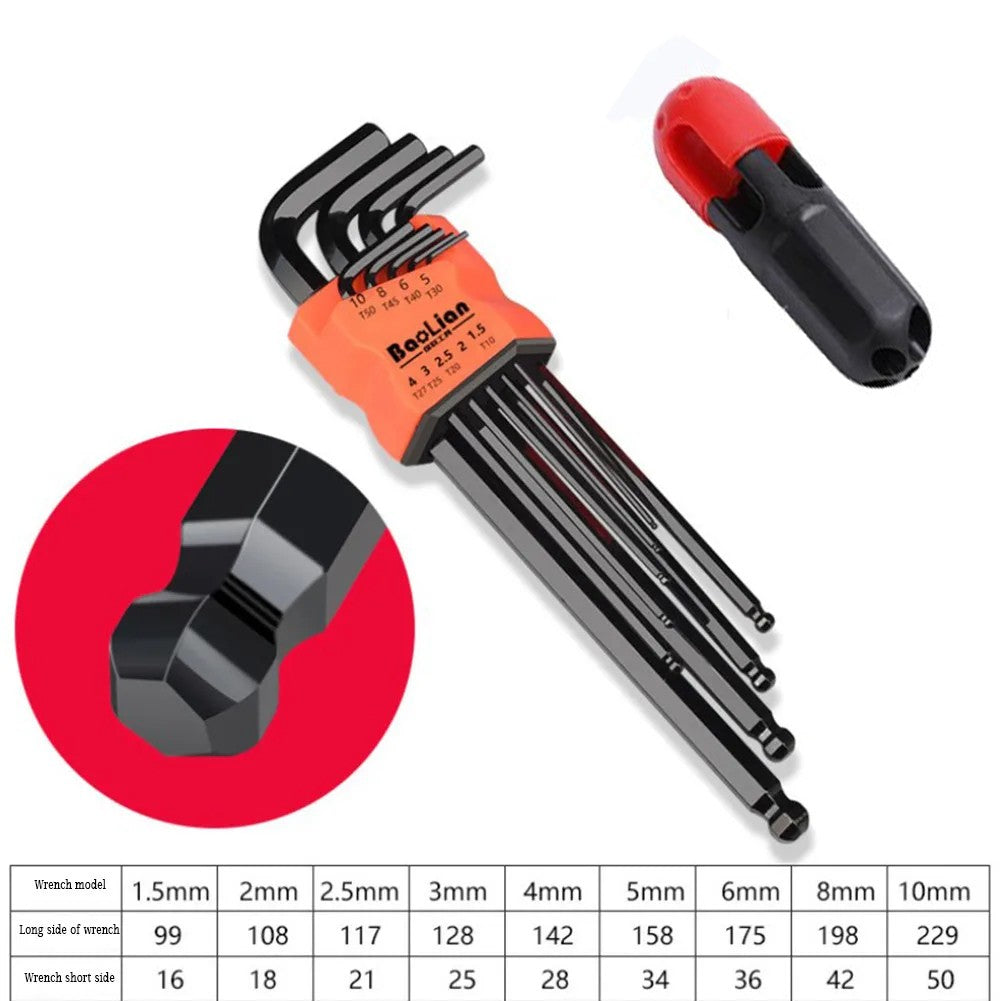 Jogo de Chaves Allen de 9 Peças, Chave Quadrada, Chave Torx, Chave Hexagonal Interna Longa com Ponta Esférica e Cabo T de 1,5 - 10 mm