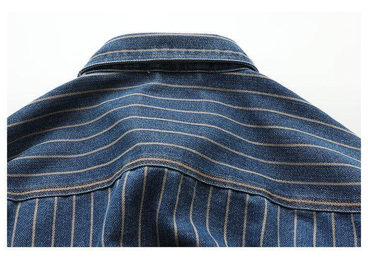 American Retro Workwear Long Sve Denim irt Loose Casual Striped ket irt Youth Trend Autumn Wear Iron Free