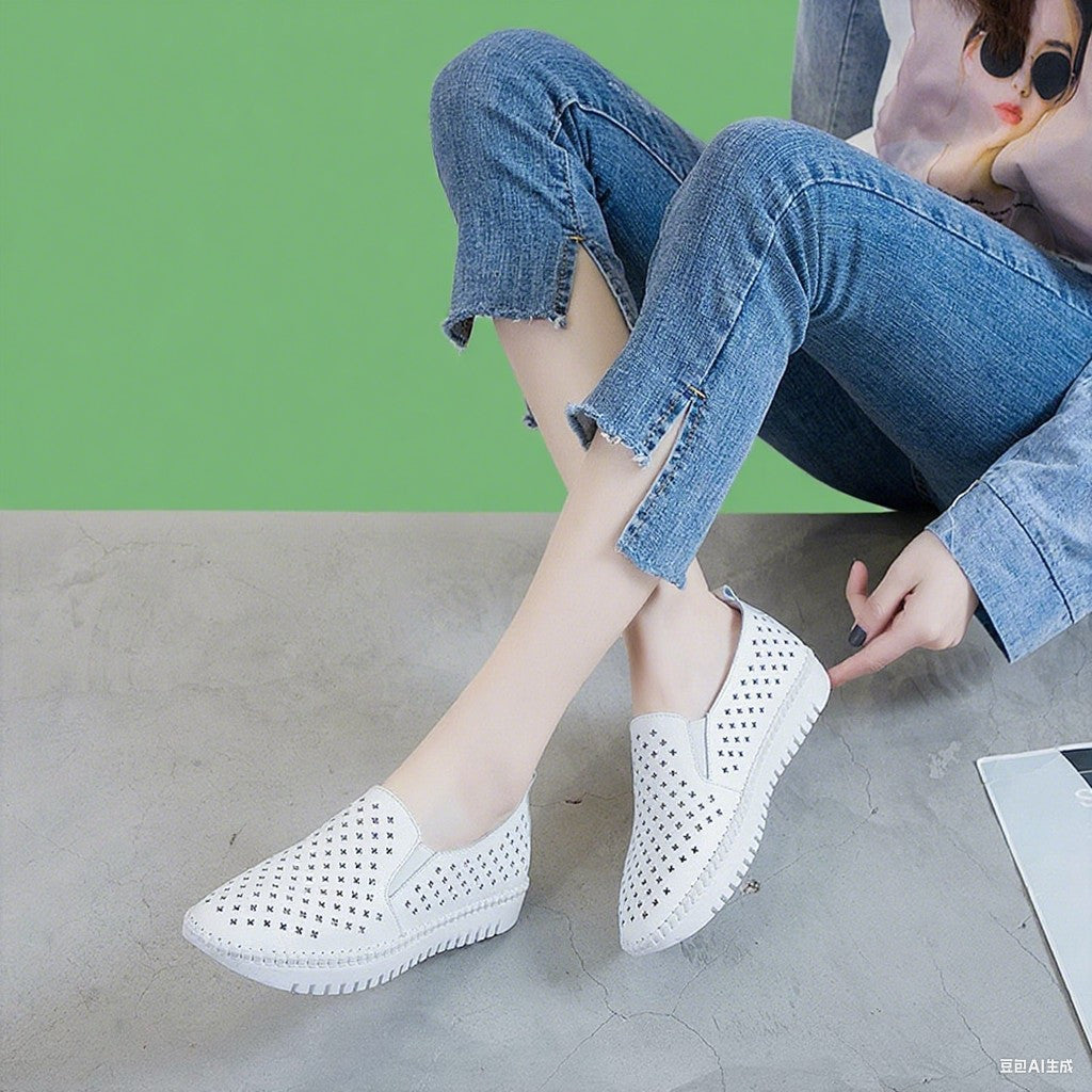 Genuine Leather ladies flats sneakers shoe Women casual loafers shoes female Hollow moccasins White Lace up canvas Boat shoes
