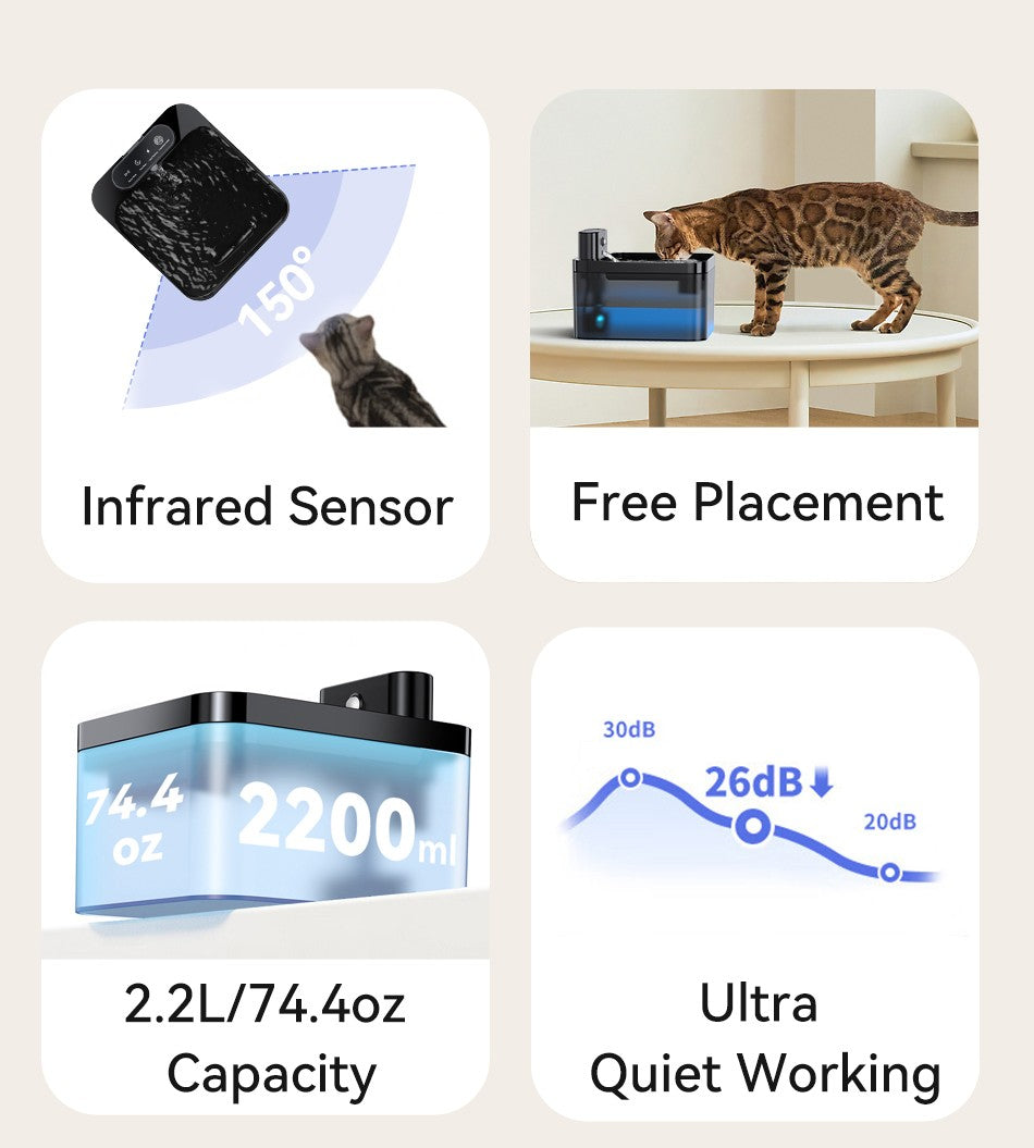 ROJECO Fonte de Água Automática Sem Fio para Gatos 2600mAh Bebedouro para Pets para Cães e Gatos Sensor Infravermelho Bebedouro Inteligente para Pets
