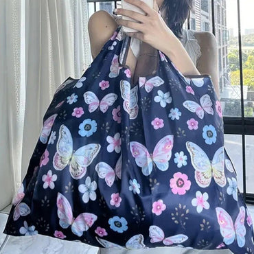 Portable Folding Shopping Bag Butterfly Flower Printing Grocery Bag Eco-friendly Reusable High-capacity Tote Bags 2024 New