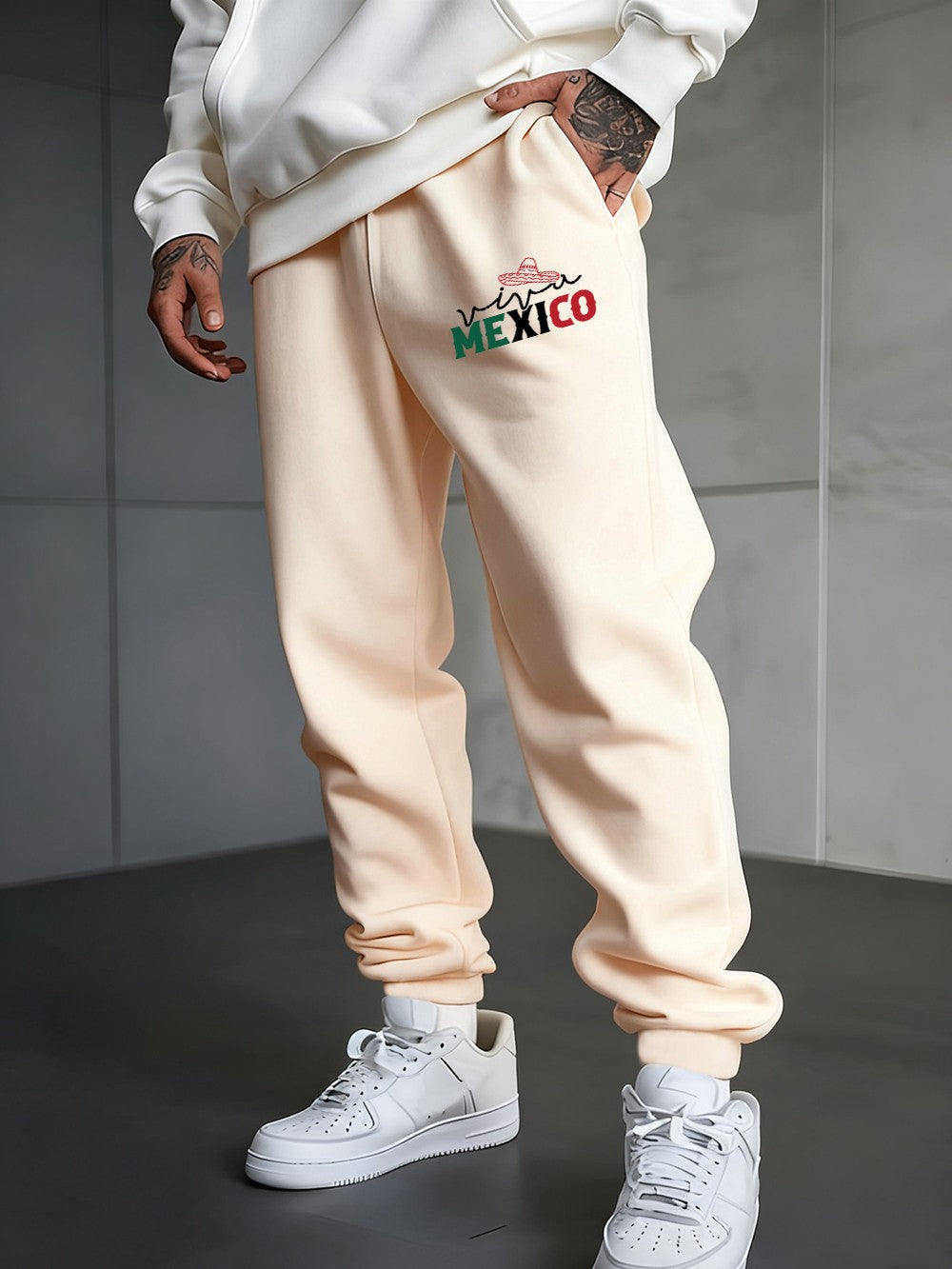 Mexico Creative Letter Prints Sweatpants Mens Casual Trousers Elastic Waist Loose Pocket Jogger Pants Autumn Fleece Warm Clothes