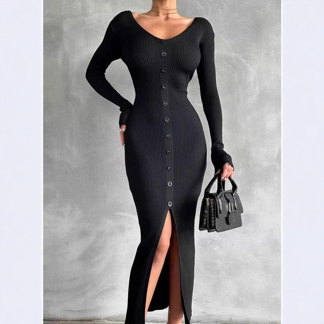 2025 Knitted Dress For Women Vintage Fashion Long Sleeve Dresses Solid Single Breasted V Neck Midi Autumn Winter Dress ???????