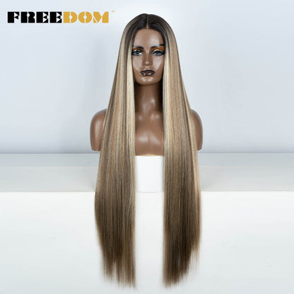 Peruca frontal de renda sintética FREEDOM para mulheres, 38 polegadas, longa, lisa, ombré, marrom, vermelho, gengibre, destaque, perucas frontais de renda, peruca de cosplay