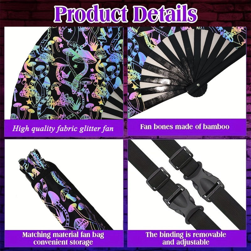 33 CM Bright Flash Reflective Glitter Folding Hand Fan with Holster, Mushroom Folding Fan for Raves Music Festivals, Carnivals