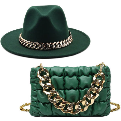 Set Straw Hat and Bag Set Gold Chain Bag Hat Set Ladies Leather Bag Tote Church Fedora Party Jazz Straw Hat