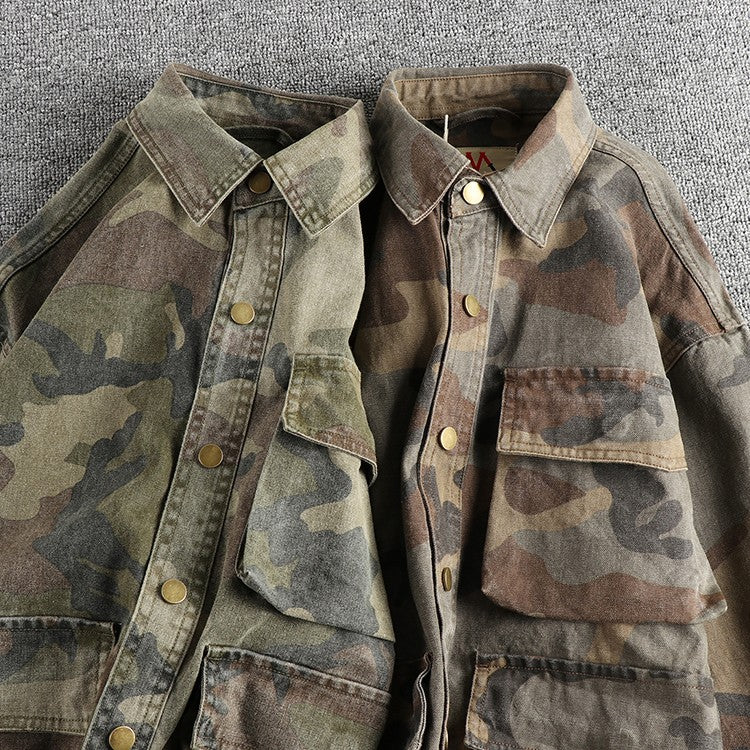 2024 Autumn New American Retro Woven Camouflage Cargo Shirt Men's Fashion 100% Cotton Washed Multi-pocket Casual Thin Jacket