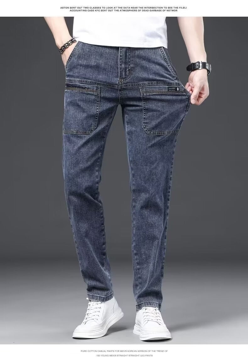 Men's Slim Fit Straight Leg Denim Jeans Flame Retardant Stretch Autumn Thin Faionable Long Pants Casual Wear Youth Sle