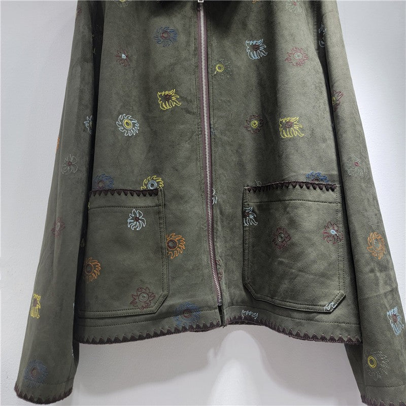 SuperAen Heavy Industry Embroidery Brown Suede Jacket Women's 2025 Autumn New High-end Retro Casual Jacket