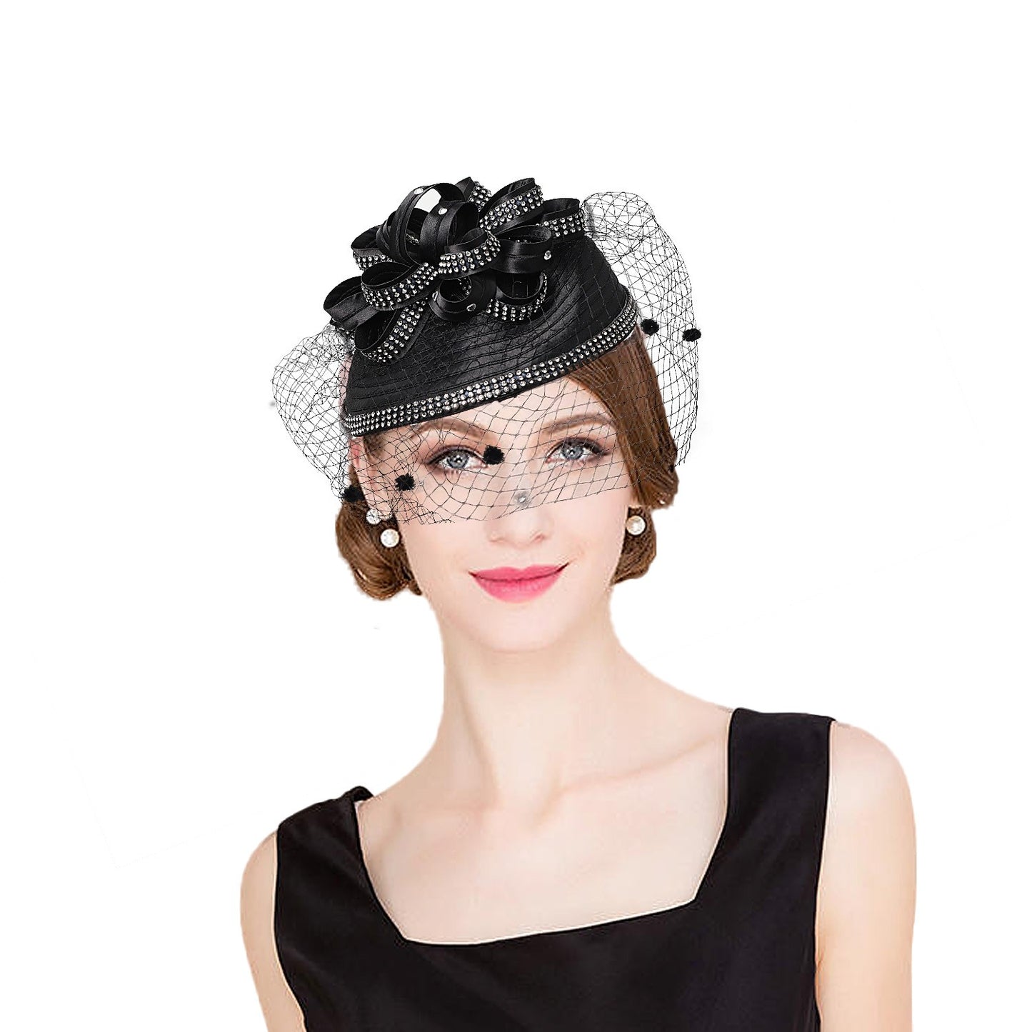 FS Red Wedding Fascinators Pillbox Hats para Mulheres com Véu de Flores Chapéu para Igreja Kentucky Derby Boné Cocktail Tea Party Chapéu de Cabeça
