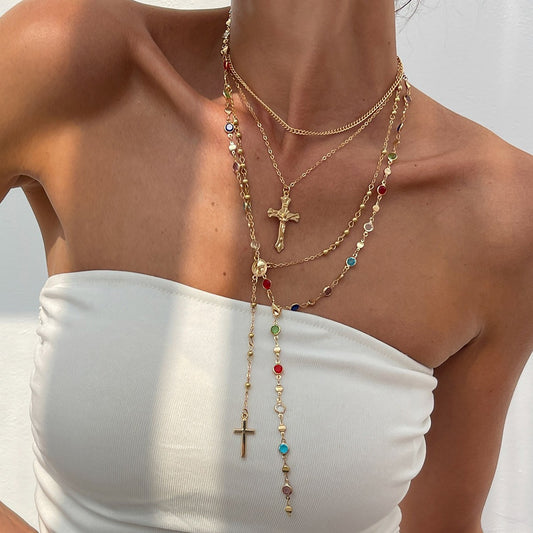 Luxury Rhinestone Cross Pendant Necklace Set for Women Vintage Simple Colorful Crystal Long Y-shaped Necklace Y2K Party Jewelry