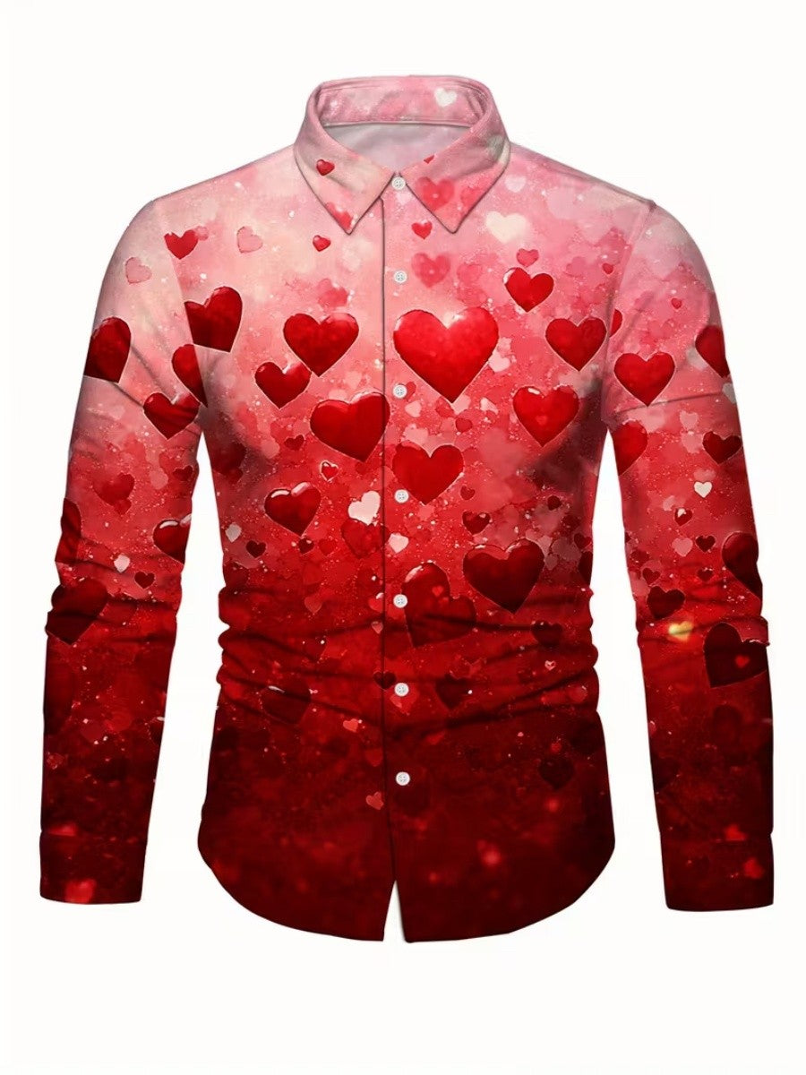 New men's long-sleeved heart-pattern single-button shirt - suitable for formal parties, dates, daily wear. Quick delivery.