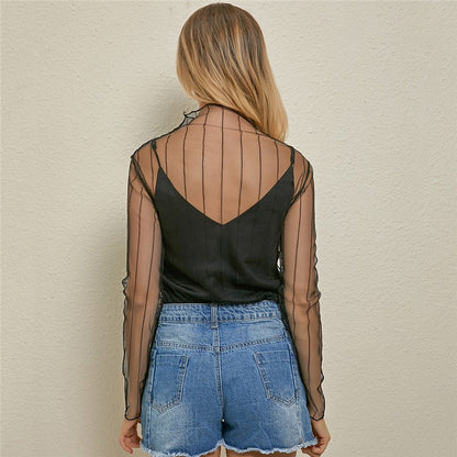 Women's Sexy Mesh Sheer Lace Blouses Perspective Long Sleeve Stand Collar Mesh Tops Striped Polka Dot Stars Party Tee Blouses