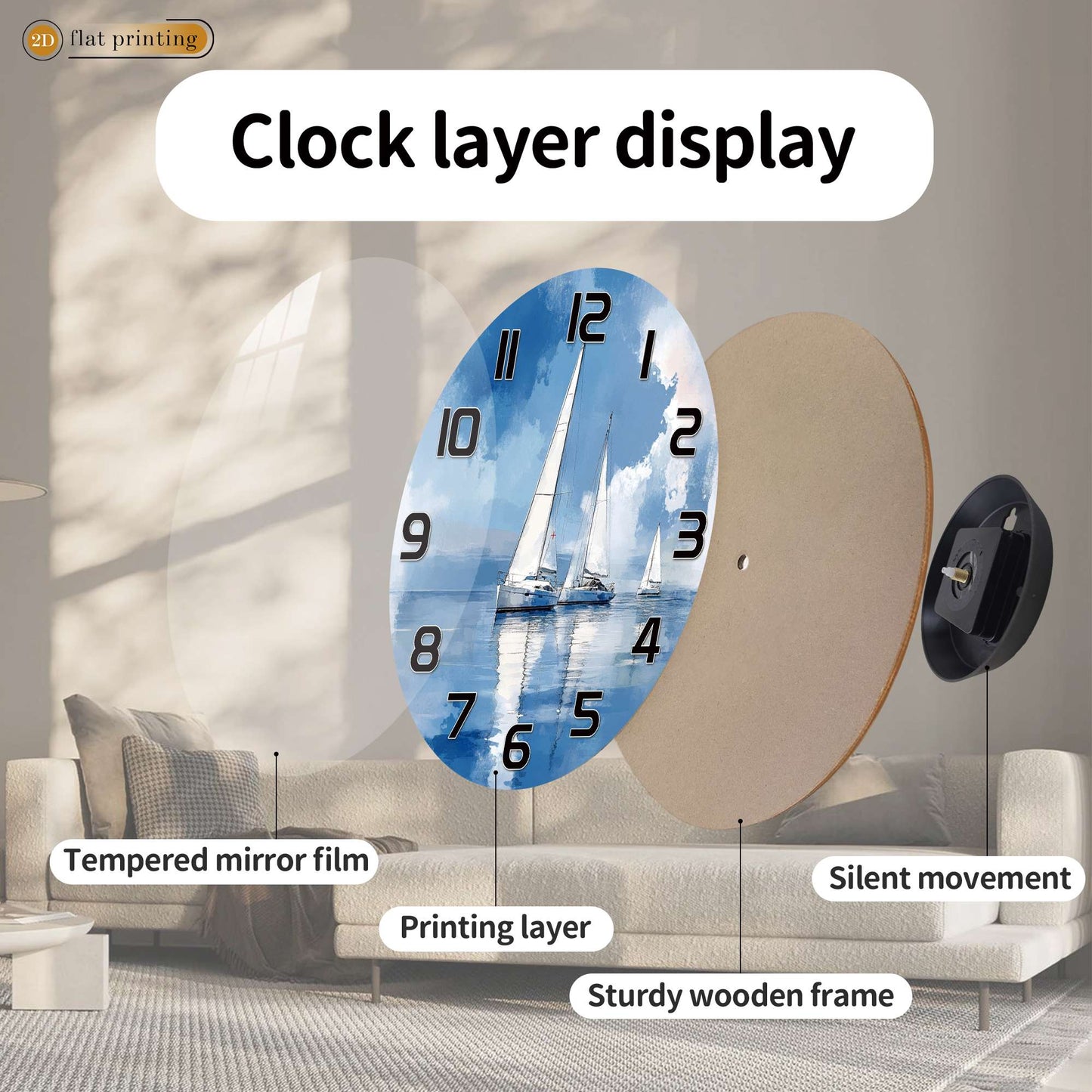 Sailboat Ocean Watercolor Wall Clock, Nautical Coastal Home Office Decor, Silent Quartz Movement Timekeeping Art