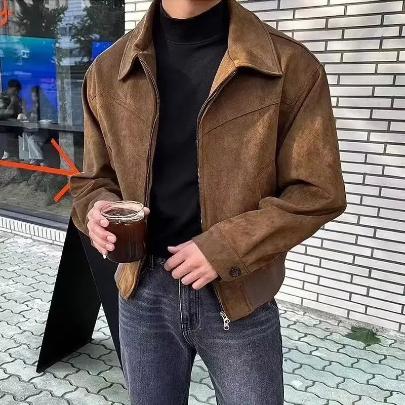 Versatile Vintage American Style Chamois Leather Jacket For Men Brown Coffee Maillard Matching Cropped Lapel Autumn Winter Seaso