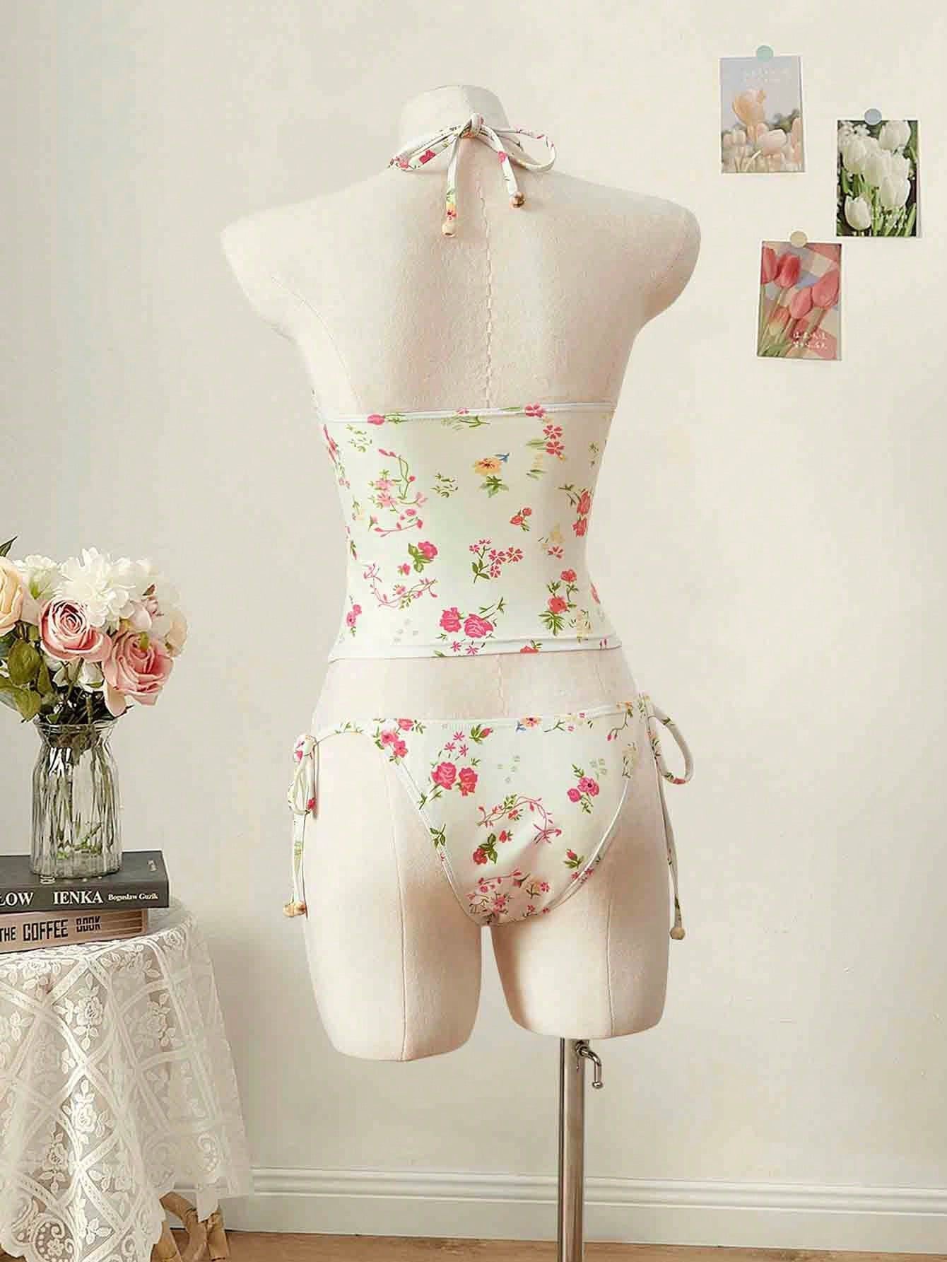 Trendy Floral Print Tankini Two-Piece Swimsuit with Halter Neck And Strap for Women High Waist Sexy Tight Fit Backless Swimwear