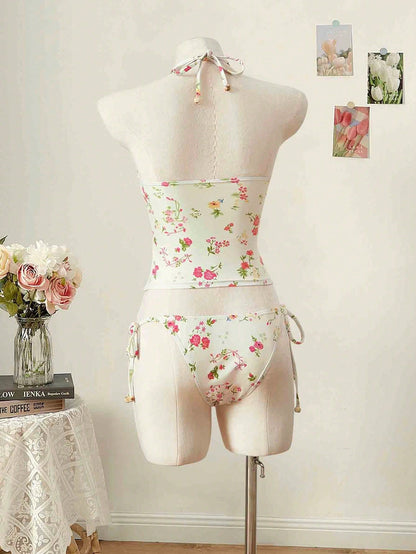 Trendy Floral Print Tankini Two-Piece Swimsuit with Halter Neck And Strap for Women High Waist Sexy Tight Fit Backless Swimwear