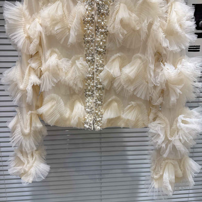 2025 Autumn New French Pearl Lace Layered Mesh Jacket Top