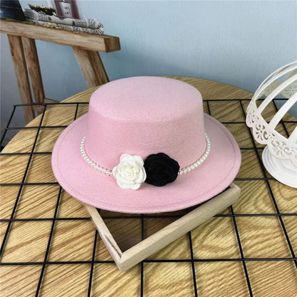 Chapéu Fedora Feminino Corrente Floral Alta Costura com Alfinetes de Pérola Boné em Relevo Preto Branco Outono Inverno Chapéu de Aba Larga para Meninas
