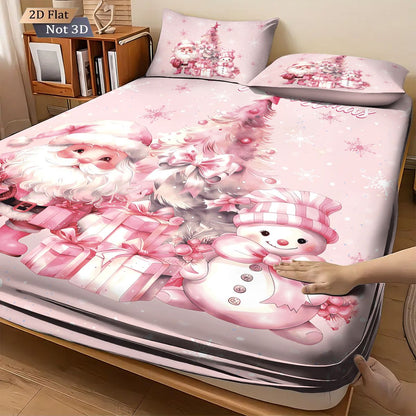 3pcs pink Christmas snowman print coreless bed sheet set multiple sizes bed covers bedroom bedding decorations machine washable