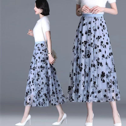 Korean Women Tulle Skirt Fashion Summer Hook Floral Loose Midi Skirt Elegant Fem