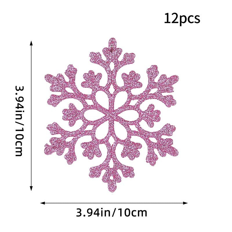 12PCS Pink Glitter Plastic Snowflake Decorations 10cm Christmas Tree Hollow Snowflake Pendants New Year Party Festival Supplies